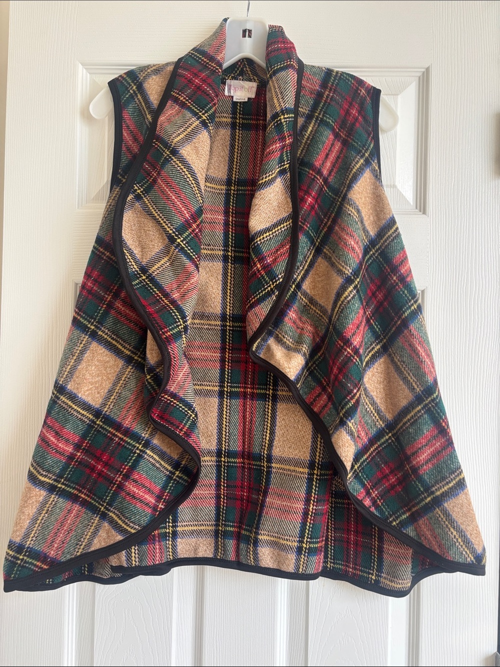 Plaid Draped Open Front Vest in Red, Green & Tan